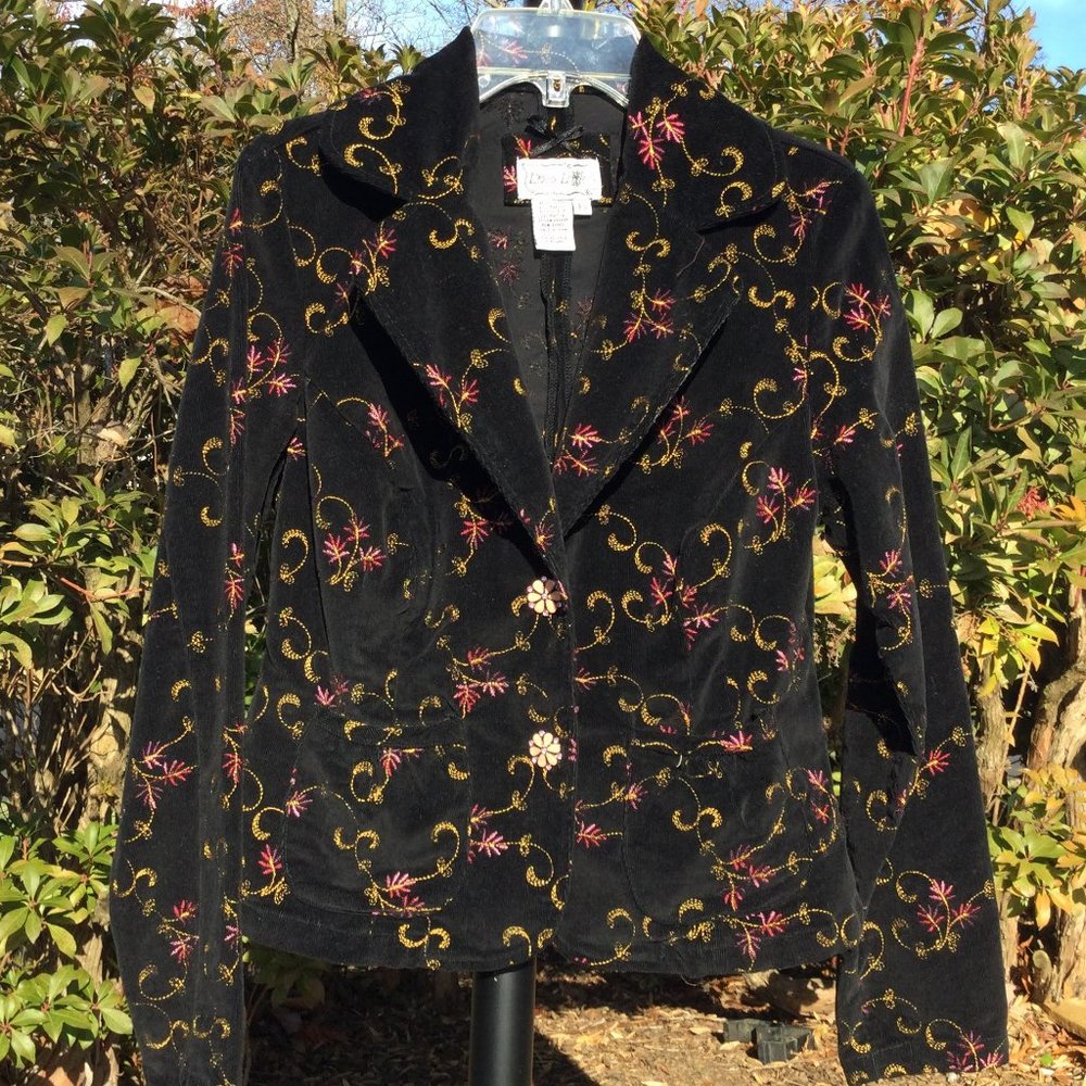 Live a Little Pink Flower Embroider on Black Velour Jacket